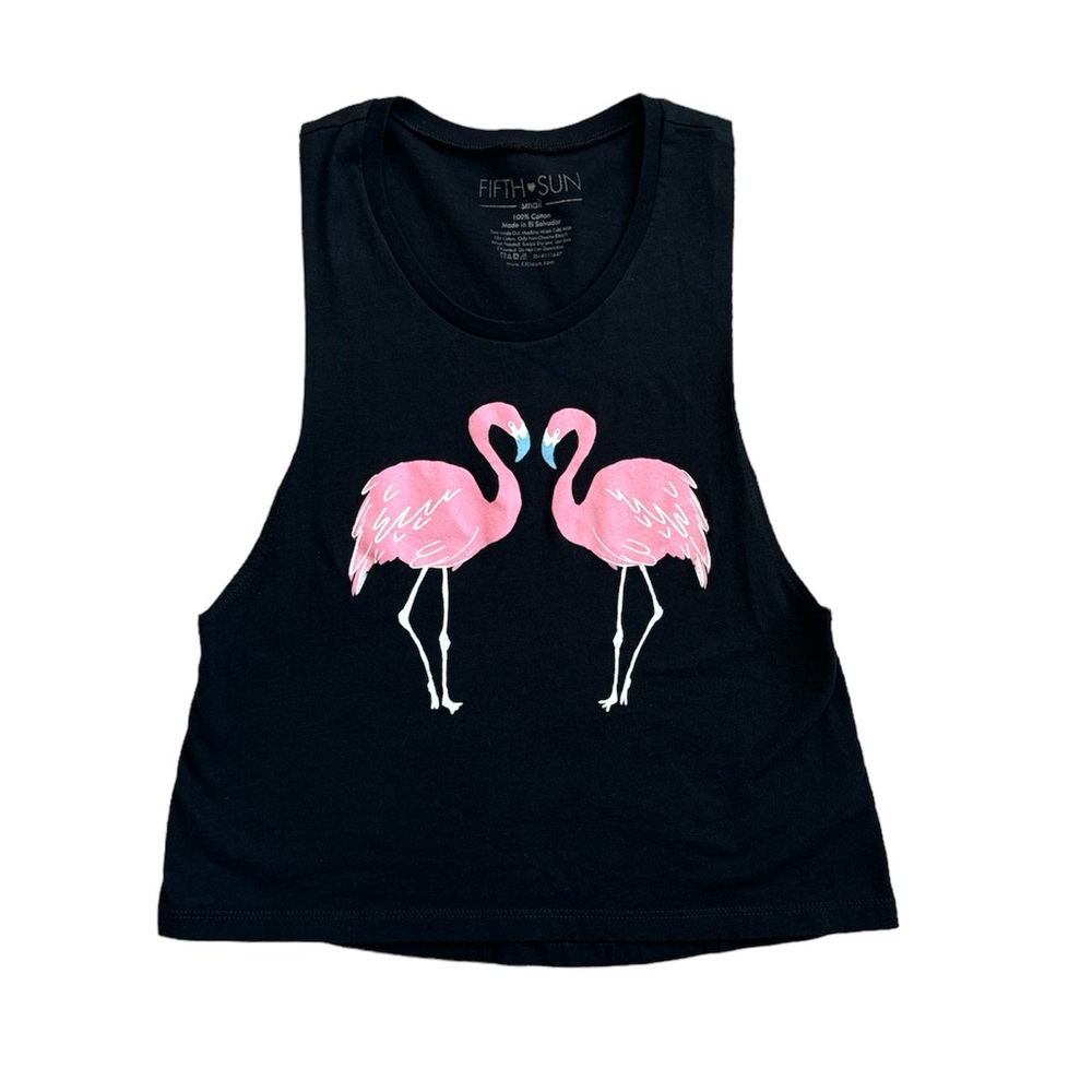 Fifth Sun Black Tank Top with Pink Flamingos